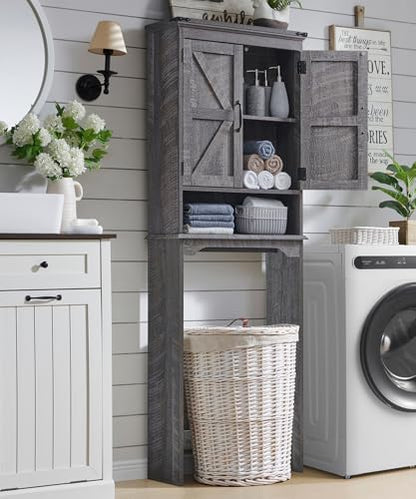 67" Farmhouse Over The Toilet Storage Bathroom Cabinet, Grey Wash | Double Barn Doors, Adjustable Shelf, Open Cubby, Weathered Finish - color: Grey Wash