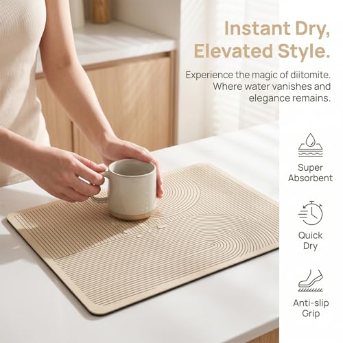Absorbent & Non-Slip Geometric Rubber-Diatomite Drying Mat - Durable, Quick-Dry Kitchen and Bathroom Countertop Pad for Coffee Machines, and Essentials, Kitchen Countertop Placemat,15.6*19.5In