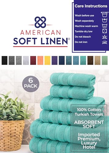 American Soft Linen 100% Carde Cotton 6 Piece Towel Set, 590 GSM Heavy Weight Soft Absorbent Turkish Towels for Bathroom, Turquoise - color: Turquoise