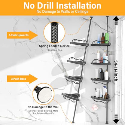 Black Corner Shower Caddy Tension Pole - Heavy Duty Rustproof Stainless Steel Shower Organizer with 4 Adjustable Shelves, No-Drill Free Standing for Bathroom, Bathtub, RV,54" to 114" Tall