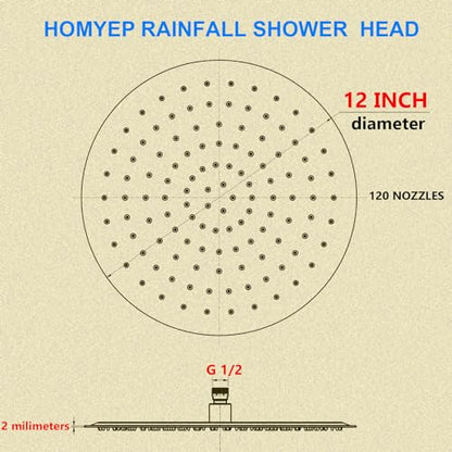 12 Inch Round Shower Head Wall Mount Rainfall Shower Head, Non-rust Stainless Steel High Pressure Rain Showerhead, Brushed Nickel