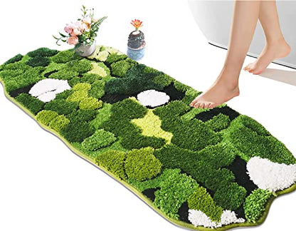 Hifuwan Cute Green Moss Bathroom Runner Rugs, Plant Leaf Bath Mats 20 x 43 | Boho Aesthetic, Long Rectangular Shaggy Non Slip, Machine Washable, Absorbent Bathmats for Bedroom, Shower Floor, Home Decor - size: 1'8" x 3'7" (Rectangular)