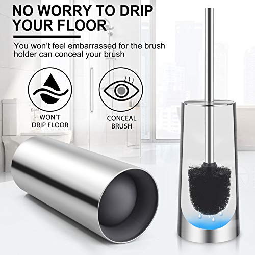 Toilet Brush and Holder, 2 Pack Toilet Brush with 304 Stainless Steel Long Handle, Toilet Bowl Brush for Bathroom Toilet-Ergonomic, Elegant,Durable (Silver) - color: Silver