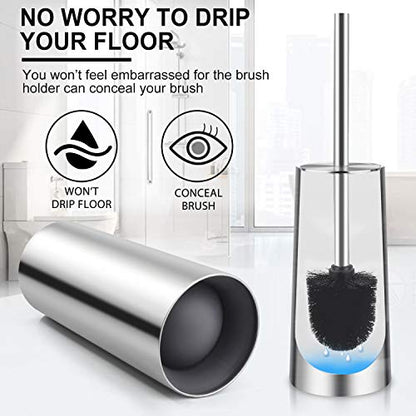Toilet Brush and Holder, 2 Pack Toilet Brush with 304 Stainless Steel Long Handle, Toilet Bowl Brush for Bathroom Toilet-Ergonomic, Elegant,Durable (Silver) - color: Silver