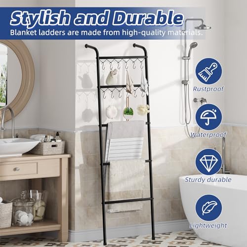 Simple Trending Blanket Ladder, 5 Tier Metal Towel Rack with 12 Hooks, 79'' Metal Style Decorative Ladder for Living Room Bedroom Bathroom Home Decor, Black
