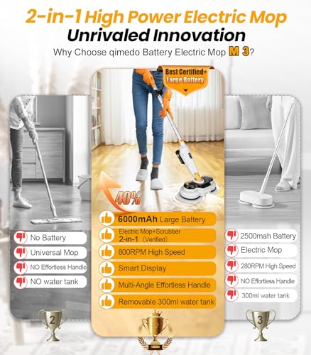 Qimedo Battery Electric Mop, Cordless Electric Scrubber & Flat Mop for Floor Cleaning, Best Automatic Spin Mops with Smart Display,Rotating Mops with LED Light & Water Spray