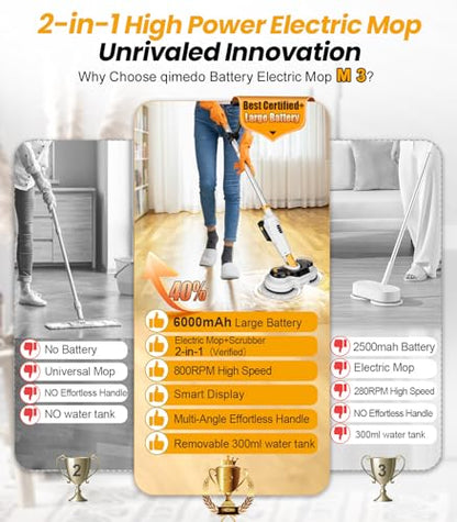 Qimedo Battery Electric Mop, Cordless Electric Scrubber & Flat Mop for Floor Cleaning, Best Automatic Spin Mops with Smart Display,Rotating Mops with LED Light & Water Spray