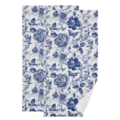 Blue and White Rose Hand Towels for Bathroom Set of 2,Vintage Chinoiserie Roses Floral Butterfly Kitchen Towels,Microfiber Absorbent Decorative Bathroom Towels for Face,Shower,Gym 14"x28" - color: Blue White
