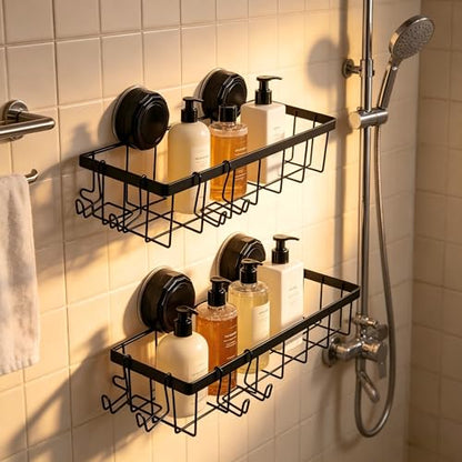 Shower Caddy Suction Cup Adhesive with Hooks, Heavy Duty Shower Shelves Storage Organizer for Bathroom, No Drilling Bathroom Shelf with Large Capacity, Black Metal Storage Basket