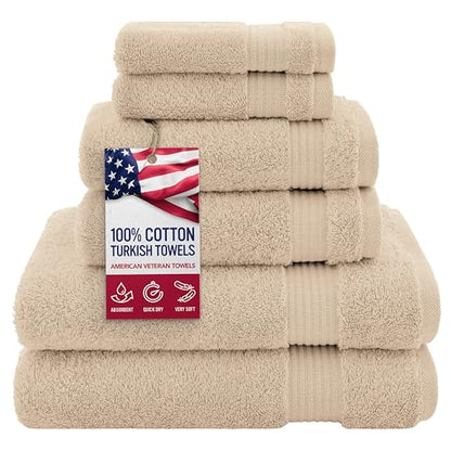 American Veteran 6 Piece Luxury Towel Set, 100% Cotton Turkish Towels - 2 Bath, 2 Hand, 2 Washcloths, Beige - color: Beige, size: XL 6PC