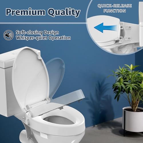 Huttdmel Raised Bidet Toilet Seat Elongated 18.5" – Soft Close, Dual Self-Cleaning Nozzles, Quick Release & Connect, Sturdy PP, Won't Loosen, Ideal for Seniors, Elderly & Limited Mobility, White - size: Raised Seat with Bidet & Premium