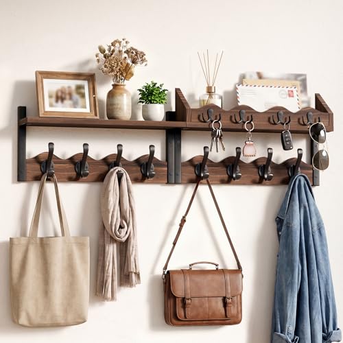 Coat Rack Wall Mount with Shelf, 4 in 1 Wood Entryway Shelf with 12 Hooks | Mail and Key Holder, Wall Mounted Coat Hanger for Bathroom, Living Room, Bedroom, Brown