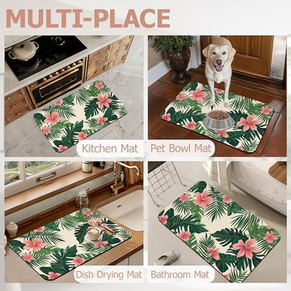 Tropical Leaves Bath Mat,Pink Flower Diatomaceous Earth Bath Mat,Rubber Backing Quick Dry Absorbent Washable Bathroom Rugs for Tub Non Slip 17"x29.5" - color: Tropical Leaves,pink Flower