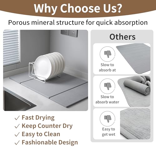 Foldable Stone Dish Drying Mat for Kitchen Counter, Diatomaceous Earth Drying Mat with Non-Slip Backing, Heat Resistant Multifunctional Mat for Kitchen & Bathroom, Instant water absorption-(24"×16") - color: Light Gray1
