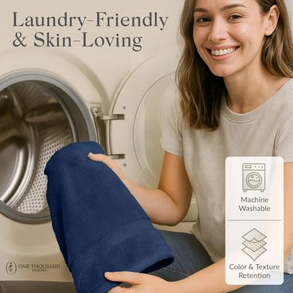 Premium Staple Cotton Bathroom Towel Set - Navy 600 GSM 6-Piece Luxury Bath Towel Set 1 Stripe - 2 Bath Towels, 2 Hand Towels & 2 Washclothes Set - High Absorbent & Quick Dry for Gym, Spa, Hotel - color: Navy - 1 Stripe