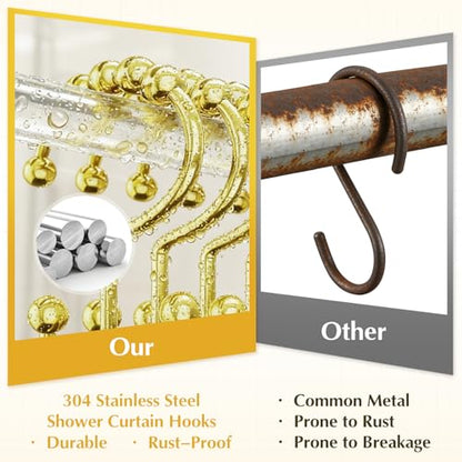 12 Pcs Gold Shower Curtain Hooks, 304 Stainless Steel Shower Curtain Hooks | Shower Curtain Rings Rust Proof, Double Hook Glide Shower Curtain Hooks Gold for Bathroom, Modern Decorative Shower Hooks
