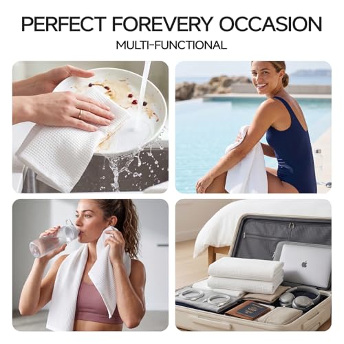 ecolook 6-Piece Waffle Weave Towel Set, 100% Cotton, Lightweight, Absorbent & Quick-Drying, 2 Bath Towels (31×63 in), 2 Hand Towels, 2 Washcloths, Lint-Free for Bathroom, Pool, Gym, Travel - White - color: White