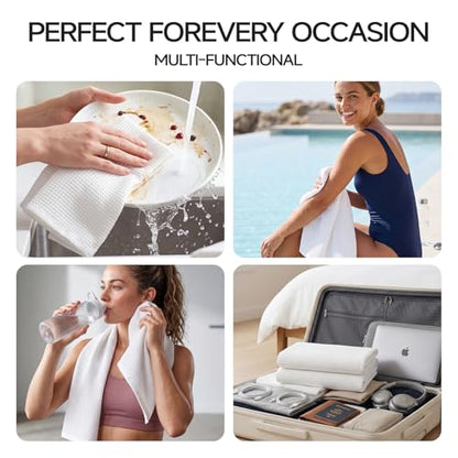 ecolook 6-Piece Waffle Weave Towel Set, 100% Cotton, Lightweight, Absorbent & Quick-Drying, 2 Bath Towels (31×63 in), 2 Hand Towels, 2 Washcloths, Lint-Free for Bathroom, Pool, Gym, Travel - White - color: White