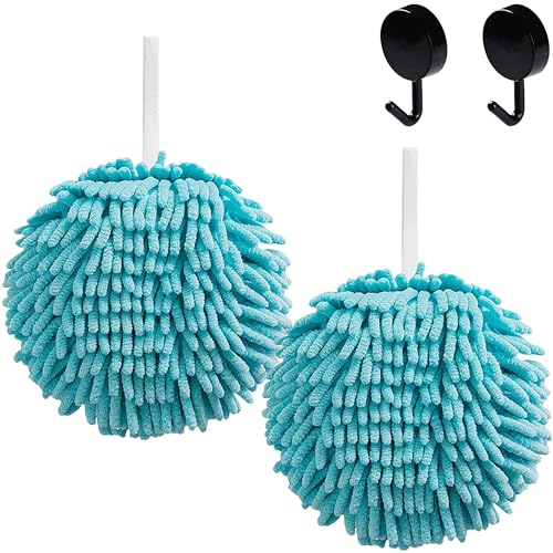 2 Pcs Fluffy Ball Hand Towel for Bathroom with 2 Hooks (2 Blue) | Microfiber Fuzzy Ball Hand Towel, Soft, Fast Drying, Absorbent, Decorative, Cute, with Hanging Loop, Chenille Hand Towel - color: 2 Blue