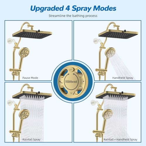 Hibbent cUPC Certified High Pressue 13'' Rainfall Shower Head with 5-Spray | Shower Heads with Handheld 10-Spray Combo, All Metal Easy Reach 4-way Diverter Arm, 71'' Hose & Holder, Brushed Gold - color: Brushed Gold, style: Square 13"