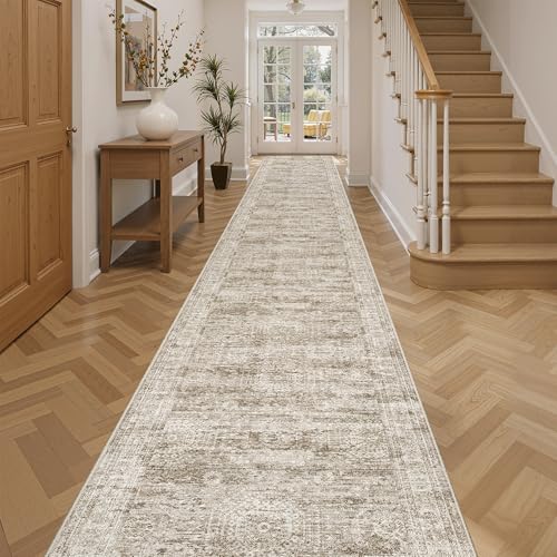 Soalmost Hallway Runner Rug 2'6" x 16' Washable Long Kitchen Rugs Brown | Non-Slip Vintage Runners 2.5x16ft for Bathroom Entryway, Thin Low-Pile Foldable Floor Carpet Mat 16 ft for Corridor Bedroom - color: Brown, size: 2'6" x 16' (Runner)