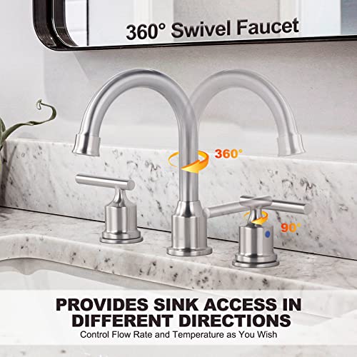 WOWOW Widespread Bathroom Faucet Brushed Nickel Bathroom Sink Faucet 8 inch Vanity Tap 2 Handle 3 Holes Deck Mount Taps with Drain - color: Brushed Nickel, size: Widespread