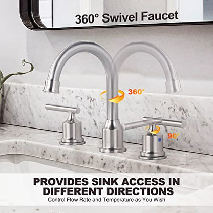 WOWOW Widespread Bathroom Faucet Brushed Nickel Bathroom Sink Faucet 8 inch Vanity Tap 2 Handle 3 Holes Deck Mount Taps with Drain - color: Brushed Nickel, size: Widespread