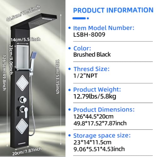 Shower Panel Tower System with Storage- Brushed Black | 304 Stainless Steel 5-Function Shower Panel Faucet Set with Powerful Body Jets, Rainfall, Waterfall,Handheld and Tub Spout - color: Brushed Black