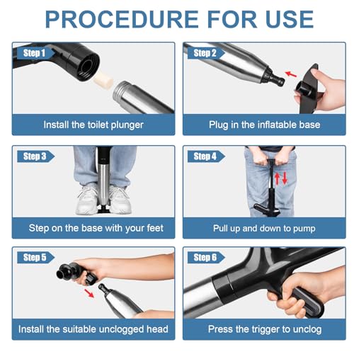 High Pressure Toilet Plunger for Toilet Bathroom Sink Kitchen Floor Clogged | Toilet Unclogger Tool with Visual Barometer, Anti-Splash Sealing Balloon, Ergonomic Non-Slip Handle, 7 Fittings