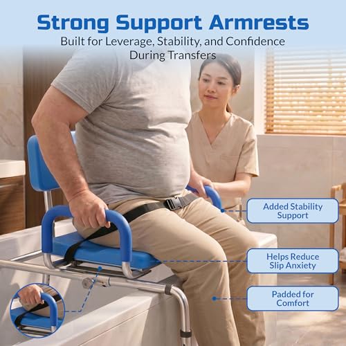 Carousel Sliding Shower Chair Tub Transfer Bench with Swivel Seat, Bariatric, Premium Padded with Pivoting Arms, High Capacity, Heavy Duty for Tubs, Inside Shower, for Handicap & Seniors, Blue | Slide Safely In & Out of the Tub - Blue, padded seat, padded