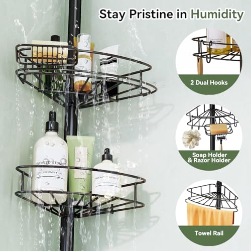 Corner Shower Caddy Tension Pole-4 Tier Adjustable Bathroom Shower Organizer with Soap Holder, Rustproof Shower Shelves Shower Rack for Inside Shower, Bathtub Shampoo Storage 29-118", Black