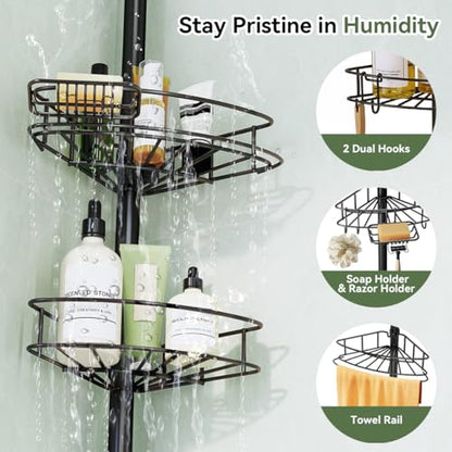 Corner Shower Caddy Tension Pole-4 Tier Adjustable Bathroom Shower Organizer with Soap Holder, Rustproof Shower Shelves Shower Rack for Inside Shower, Bathtub Shampoo Storage 29-118", Black