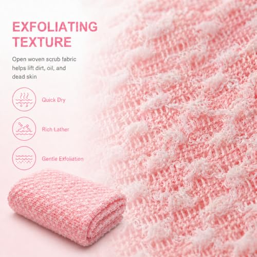 1Pack Pink Japanese Exfoliating Scrub Towel 120CM Long Back Scrubber | Soft 3D Weaving Washcloth for Sensitive Skin - color: Pink