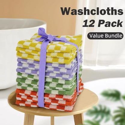Washcloths 12 Pack Checkered - Wash Cloths for Showering (13"x13") | 4 Colors, Multi-Purpose Bathroom Face Cloths, Soft and Cute - color: 4 Colors
