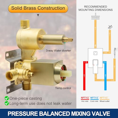 Rain Shower Head System with 14x20 Inch Ceiling Mount LED Head & 6 Inch Wall Head and Handheld Shower 3 Way Pressure Balance Valve Kit,Brushed Gold - color: Brushed Gold, style: 14x20 inch+6inch
