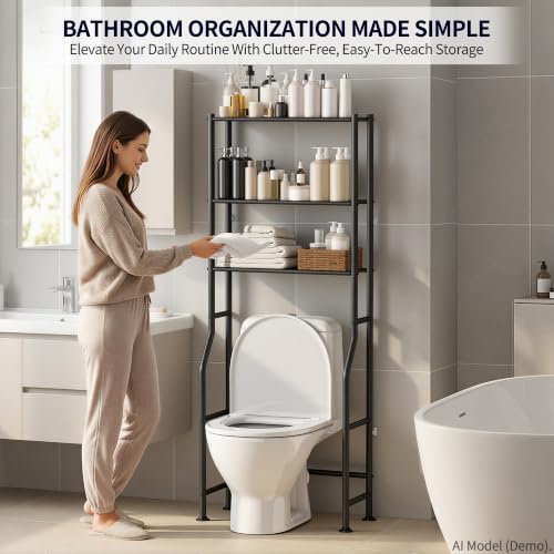 3-Tier Over The Toilet Storage, Freestanding Metal Bathroom Shelves, Space Saver Above The Over Toilet Storage Shelf for Bathroom (Black) - color: Black