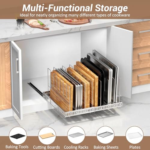 Housolution Pull Out Baking Tray and Cookie Sheet Cutting Board Organizer | 13"-22" Expandable, 21.5" Deep, 8 Adjustable Dividers, Slide Rail Design, Stainless Steel Structure, Adhesive/Screw Fixing - color: Silver, 8 Dividers, size: Large