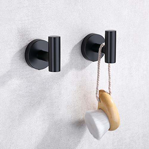 TASTOS Matte Black Bathroom Towel Coat Hook Stainless Steel, 2 Pack Robe Clothes Cabinet Closet Sponges Hooks Holder Round Style Heavy Duty Wall Hook for Bathroom Kitchen Hotel Wall Mounted - color: Matte Black