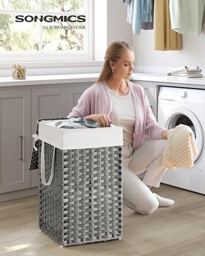 SONGMICS Laundry Hamper with Lid, 17.2 Gallon (65 L) Synthetic Rattan Clothes Laundry Basket with Lid and Handles, Foldable, Removable Liner, Dove Gray ULCB165G01 - color: Dove Gray, size: 65 L