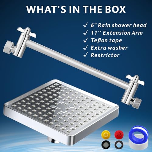 High Pressure Rain Shower Head with 11'' Extension Arm - High Flow Rainfall Showerhead - Luxury Modern Look - Pressure Boosting(Square, Chrome) - color: Chrome, style: 6" Square