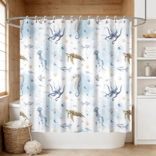 Yeele Ocean Creatures Watercolor Shower Curtain, Turtle Octopus Blue Print Shower Curtain, Waterproof Machine Washable Fabric Bath Curtain 72x72 Inch with Grommets and Hooks - color: Blue 1, size: 72"Wx72"L