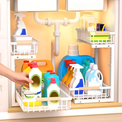 Under Sink Organizer, 2 Tier Pull Out Under-Sink Shelves, Adjustable Height (13.8" -16.9"), Sturdy Metal Storage Organizer for Bathroom Kitchen Pantry Cabinet (2 Packs, White)