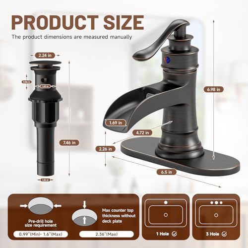 Oil Rubbed Bronze Waterfall Bathroom Faucet Single Handle One Hole | with Pop Up Drain & Supply Lines,Lead-Free Solid Brass,Farmhouse Faucet for Sink 1-3 Hole,Deck Mount,by Bathfinesse - color: A-Oil-Rubbed Bronze