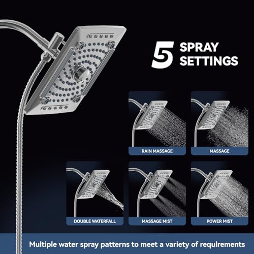ELLO&ALLO Rain Shower Head with Handheld Spray, Rainfall Shower Head Combo with 60" Hose, Adjustable Dual Showerhead Set with 3-Way Diverter, Sliver
