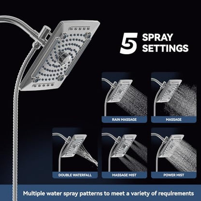 ELLO&ALLO Rain Shower Head with Handheld Spray, Rainfall Shower Head Combo with 60" Hose, Adjustable Dual Showerhead Set with 3-Way Diverter, Sliver