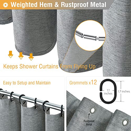 BTTN Extra Long Linen Textured Waterproof Shower Curtain, 72x96, Grey/Gray | Extra Tall Size, 230GSM Polyester, Heavy Duty Cloth, Weighted Hem, 12 Plastic Hooks, Modern Hotel Style, Machine Washable - color: Grey, size: 72"W x 96"L (Pack of 1)