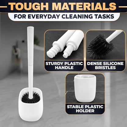 Toilet Bowl Brush and Holder, Silicone and Plastic (White) | Compact Toilet Brush, Easy to Place and Simple to Store After Use, Strong Rubber Plunger & Stiff Bristle Brush - color: White