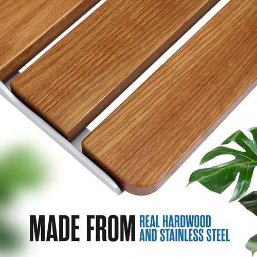 Folding Shower Bench, Folding Shower Seat Wall Mounted Wall Bench 17.5 Inch | Houseables Foldable Teak Chair, Fold Down/Up, Inside, Teakwood, for Adults, Elderly, Waterproof, Stainless Steel Frame
