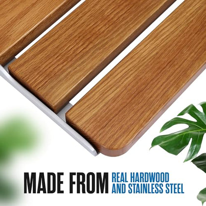 Folding Shower Bench, Folding Shower Seat Wall Mounted Wall Bench 17.5 Inch | Houseables Foldable Teak Chair, Fold Down/Up, Inside, Teakwood, for Adults, Elderly, Waterproof, Stainless Steel Frame