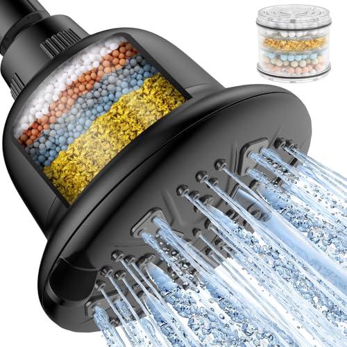 MakeFit Filtered Shower Head Matte Black- High Pressure Shower Head with filter for Hard Water - Rain Shower Head Water Softener - Luxury 7 Settings Adjustable Water Filter Showerhead (Matte Black) - color: Matte Black, style: Premium Filter